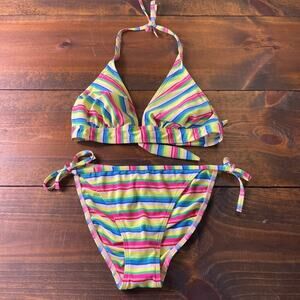 Vintage 90s Christina Colorful Striped Halter Side Tie Bikini Set Women's Large